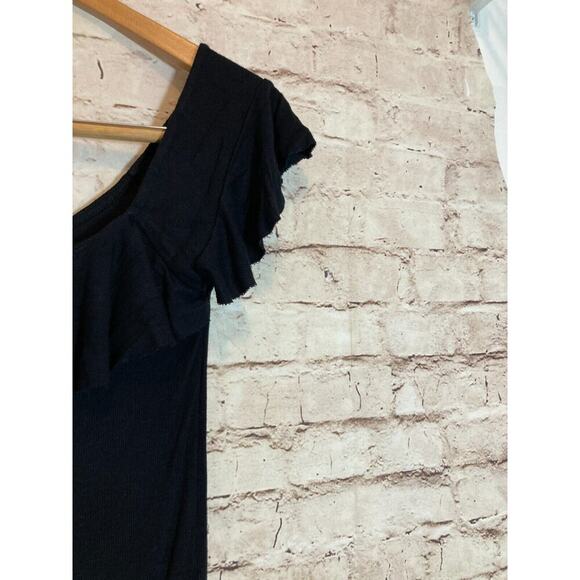 Free People Top Womens Small Black Raw Hem Ruffle Ribbed Whimsy Goth Stretch - Picture 3 of 13
